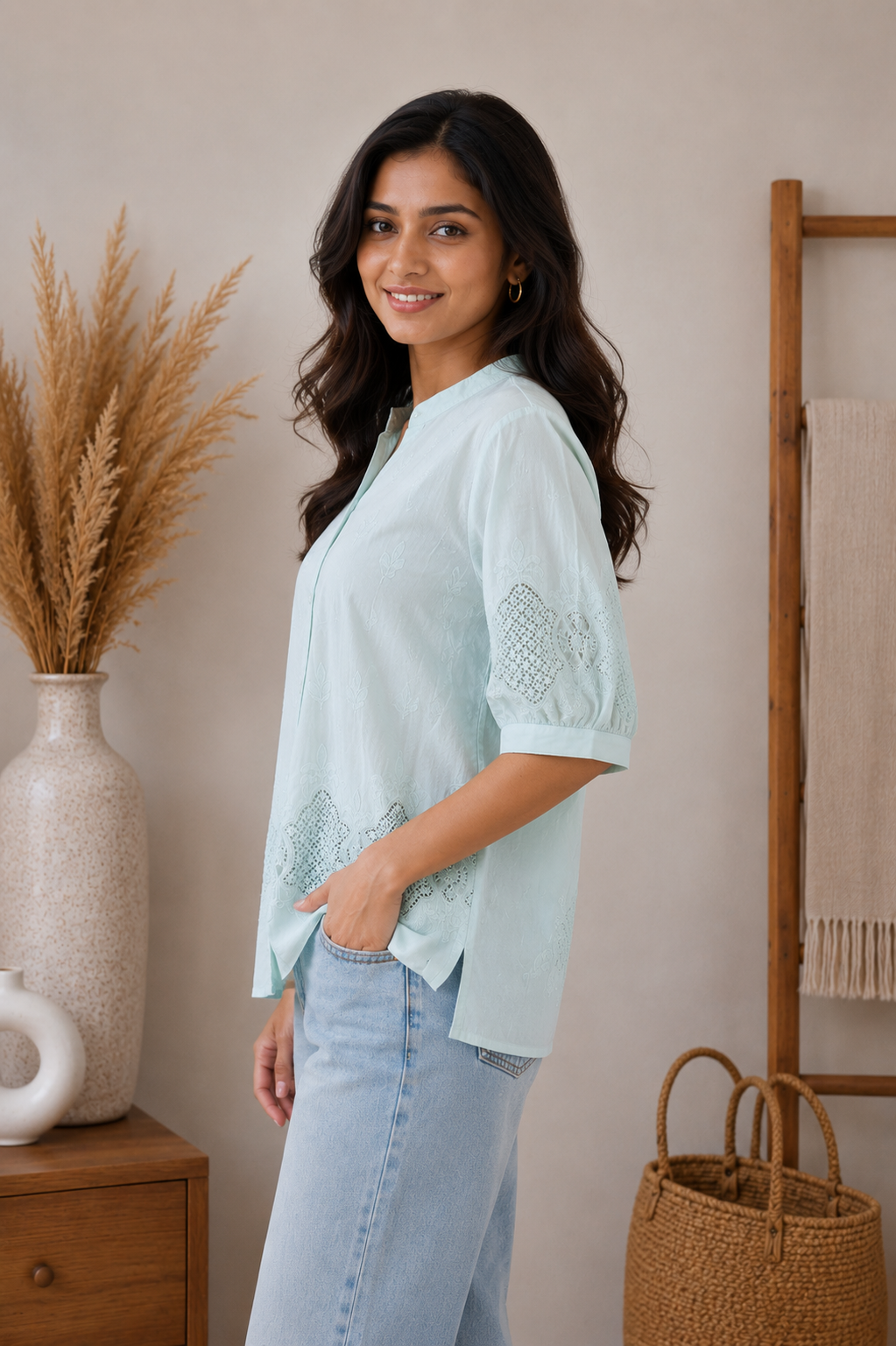 Aqua Blue Embroidery Shirt