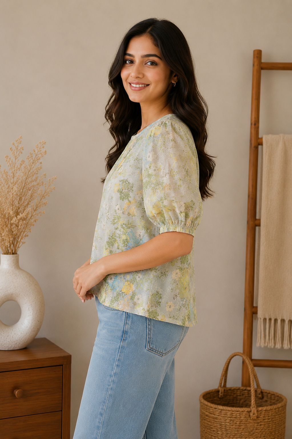 Green Floral Printed and Embroidery Top