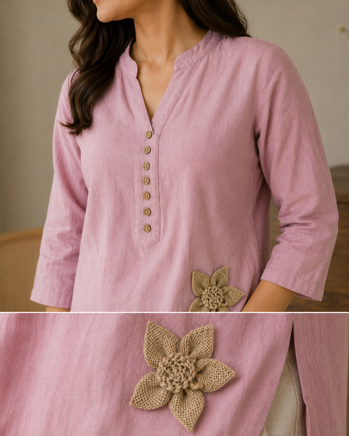 Pink kurta with floral embellishments worn by a person, with close-up details.