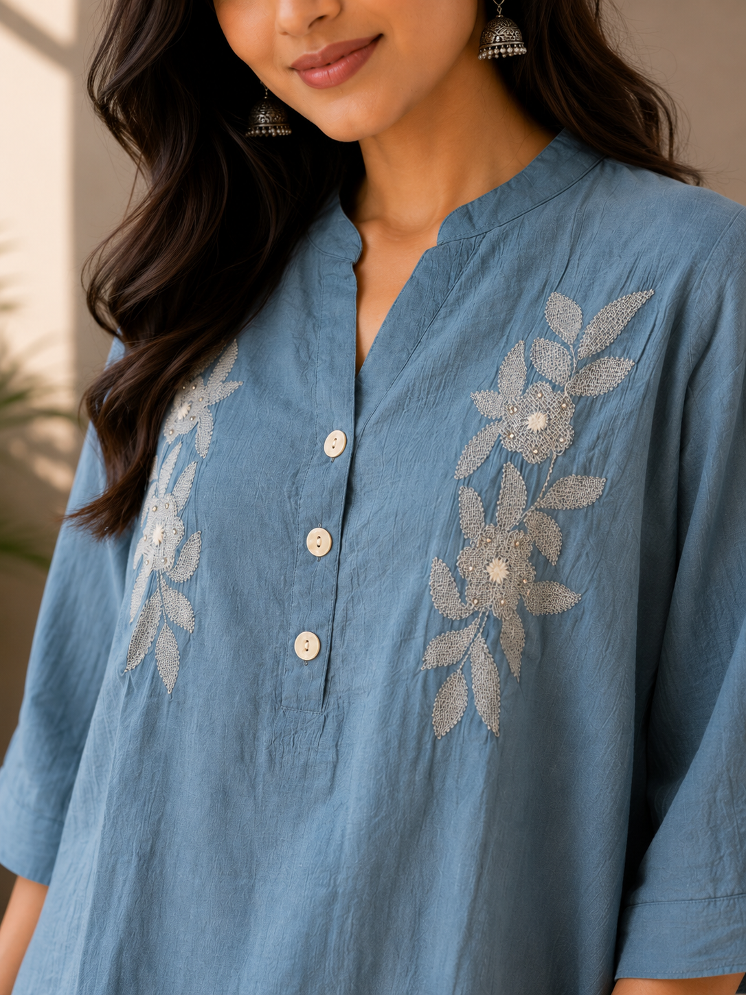 Teal Blue Embroidery Top
