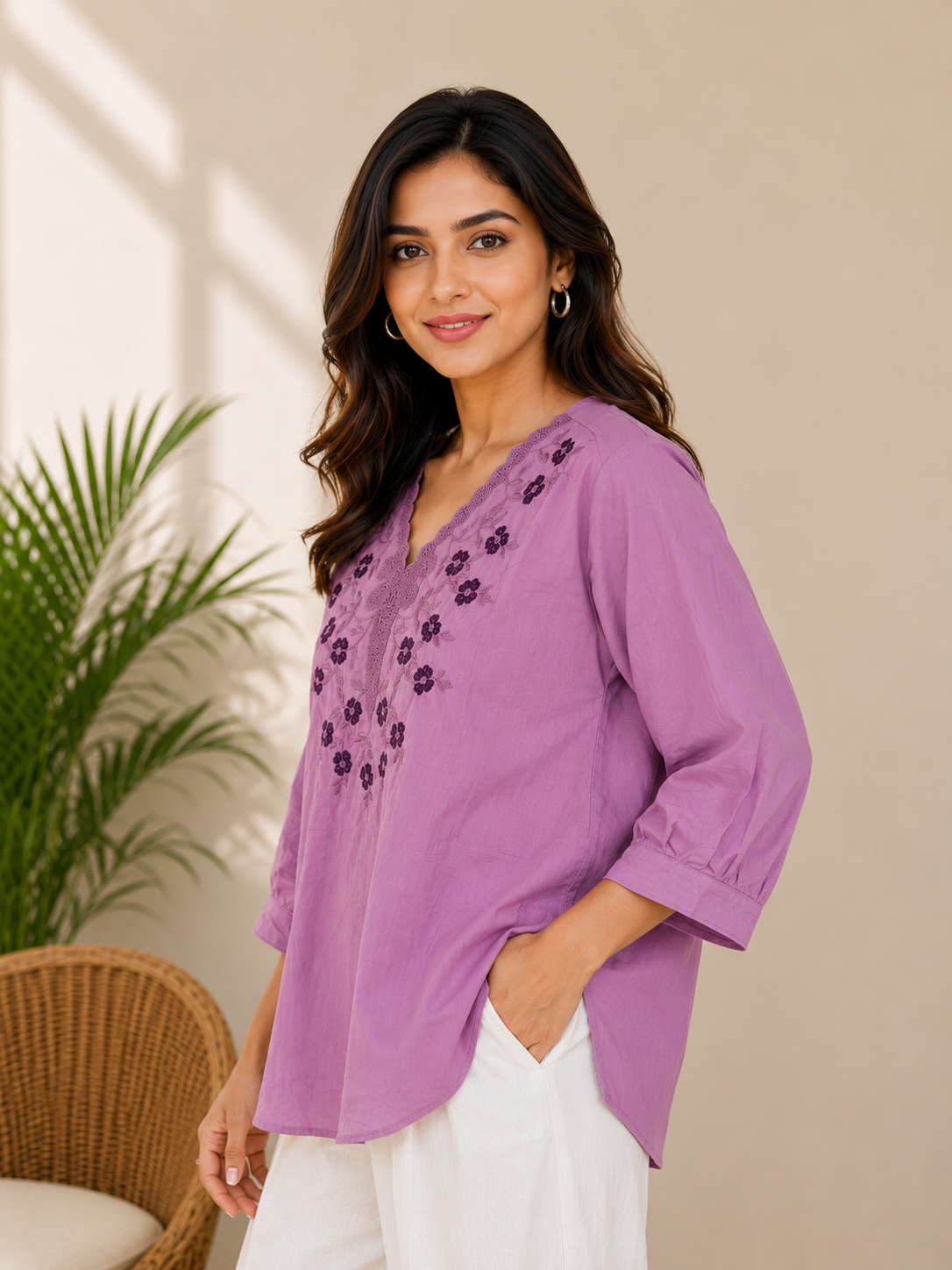 Magenta Flower Embroidery Top
