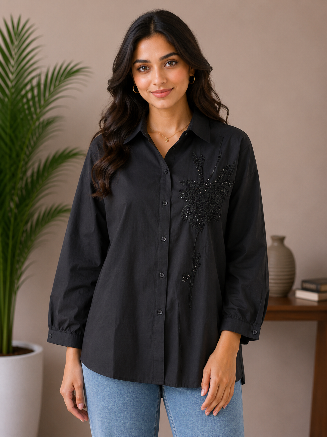 Black Thread Embroidery Shirt