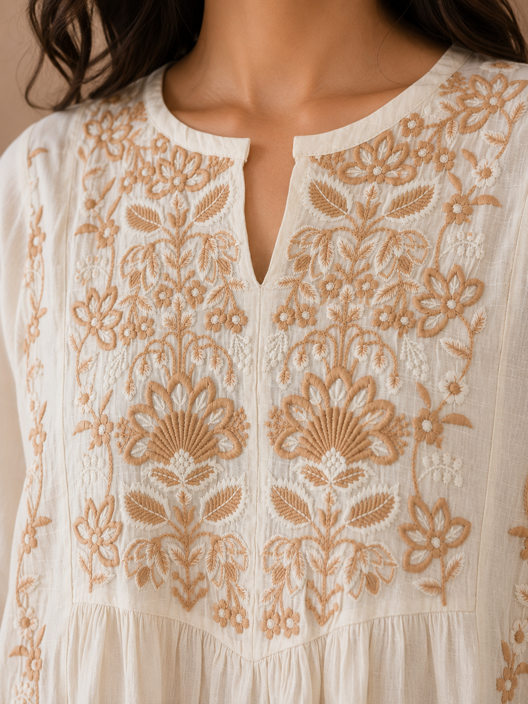 Cream Neck Embroidery Top