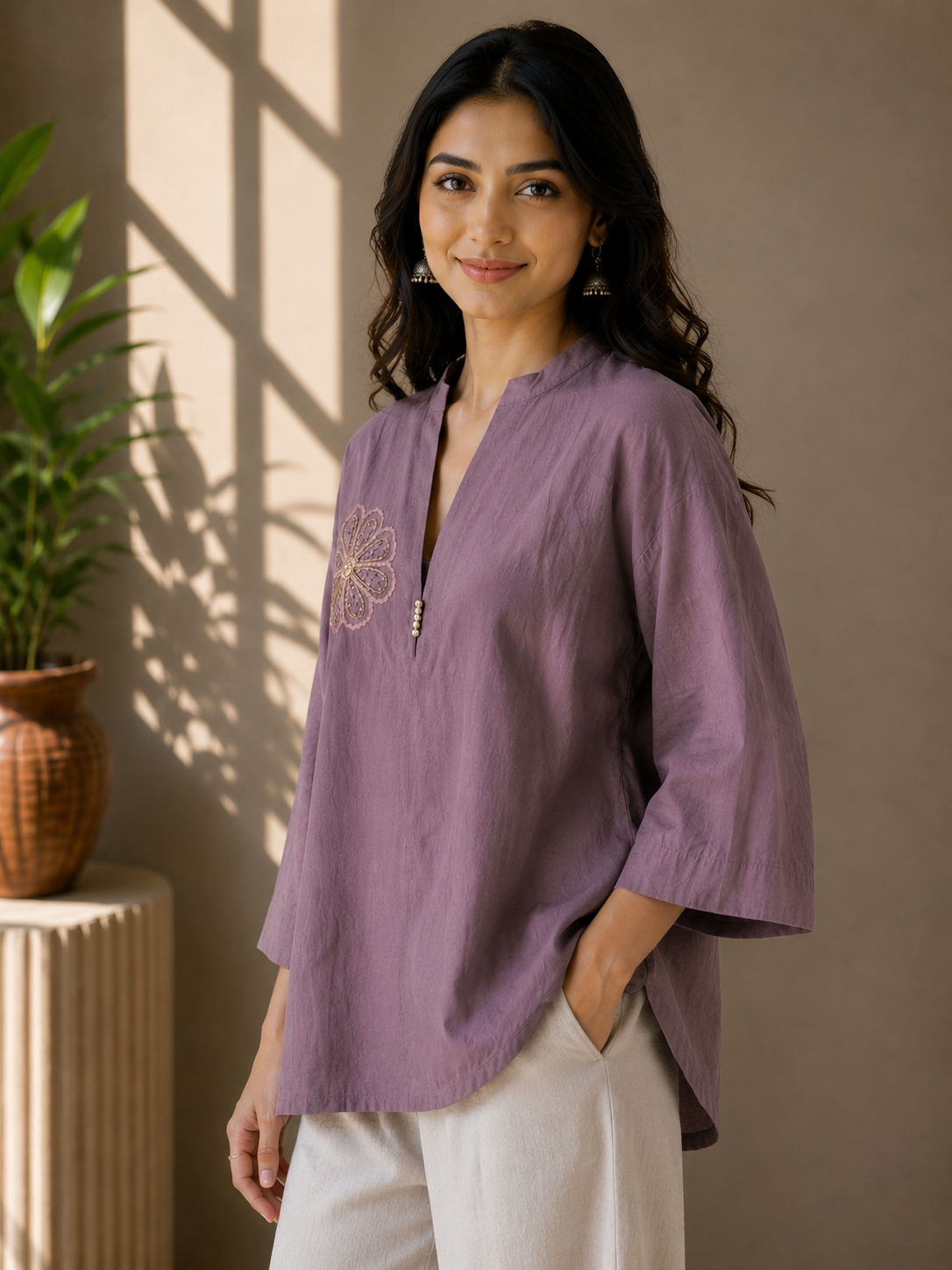 Dusty Rose Pearl Embroidery Top