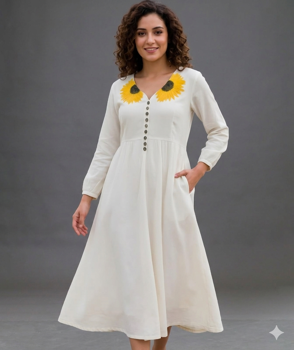 Woman wearing a white dress with sunflower designs on a gray background