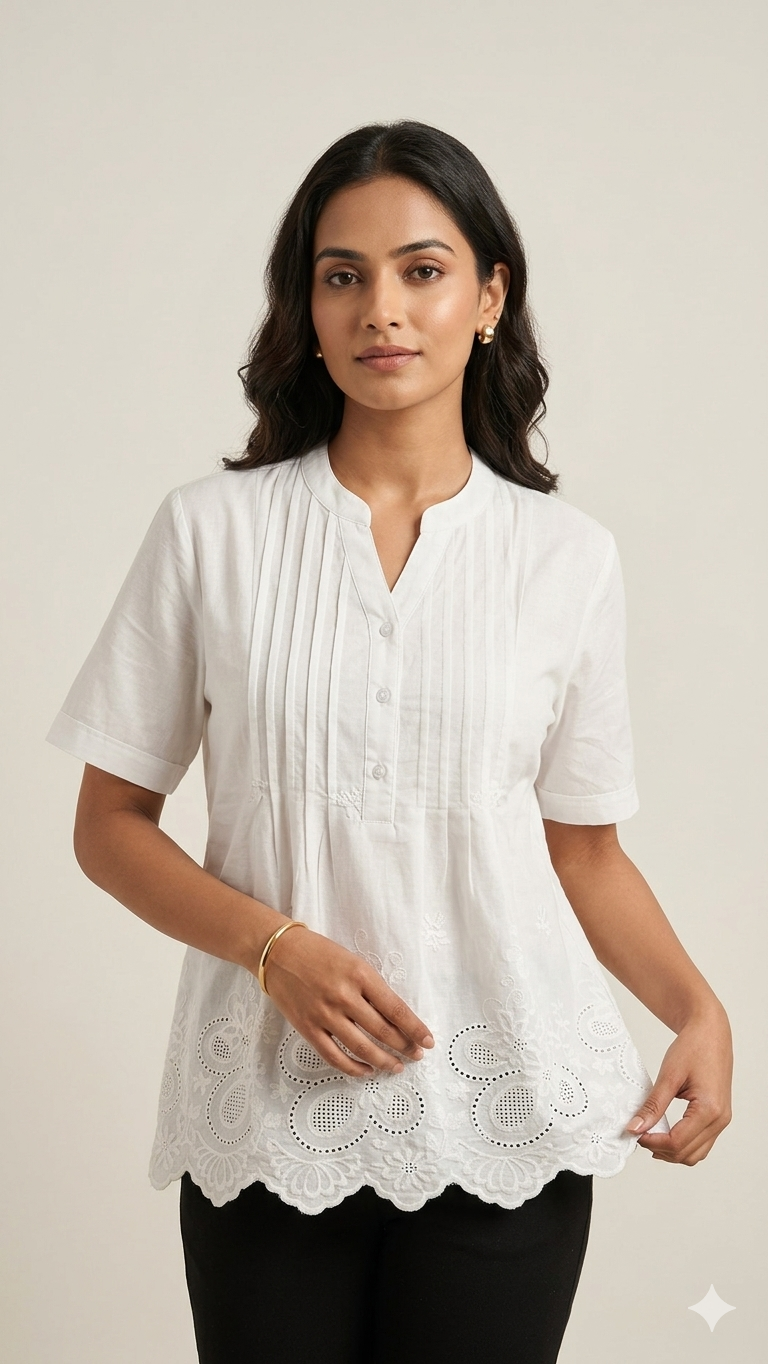 White Strip Top With Floral Embroidery