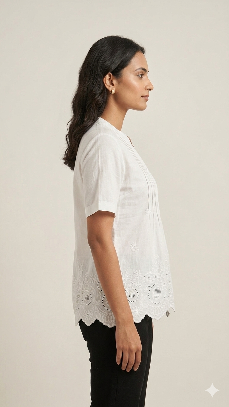 White Strip Top With Floral Embroidery