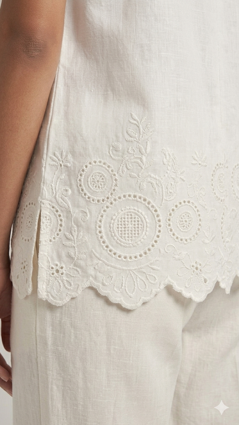 White Strip Top With Floral Embroidery