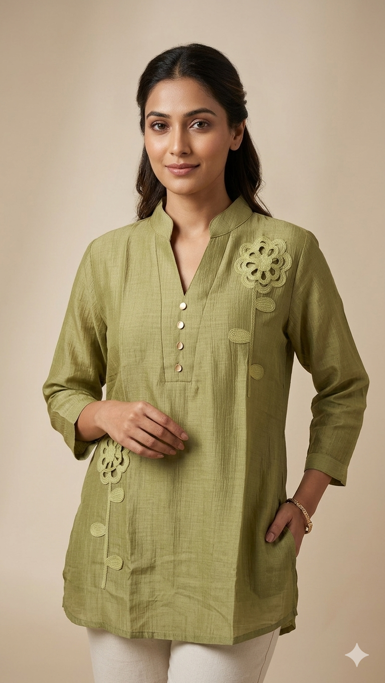 Olive Green Flower Patch Top