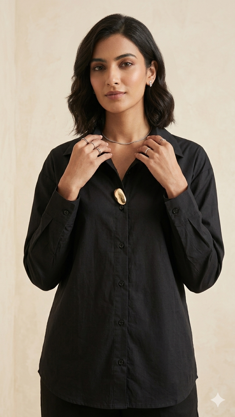 Black Cotton Metal Button Shirt