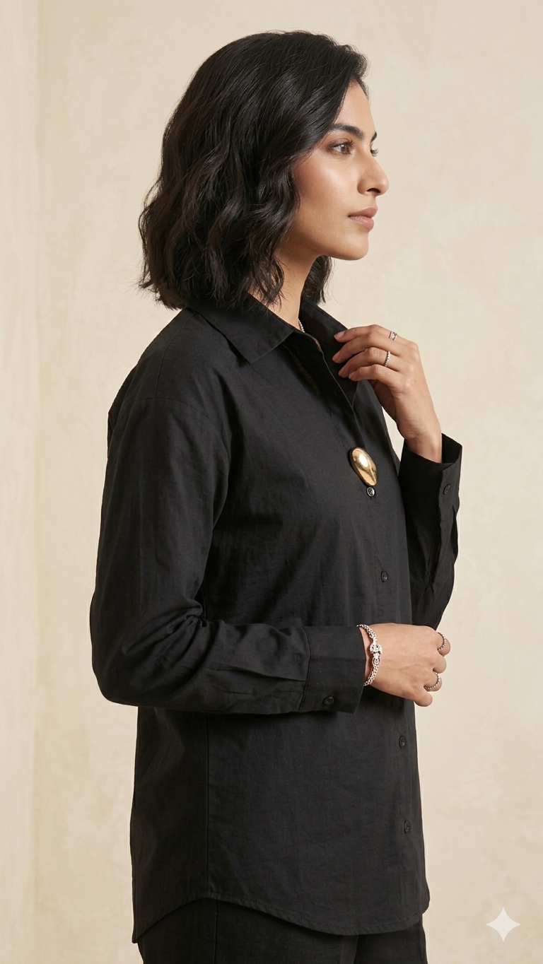 Black Cotton Metal Button Shirt