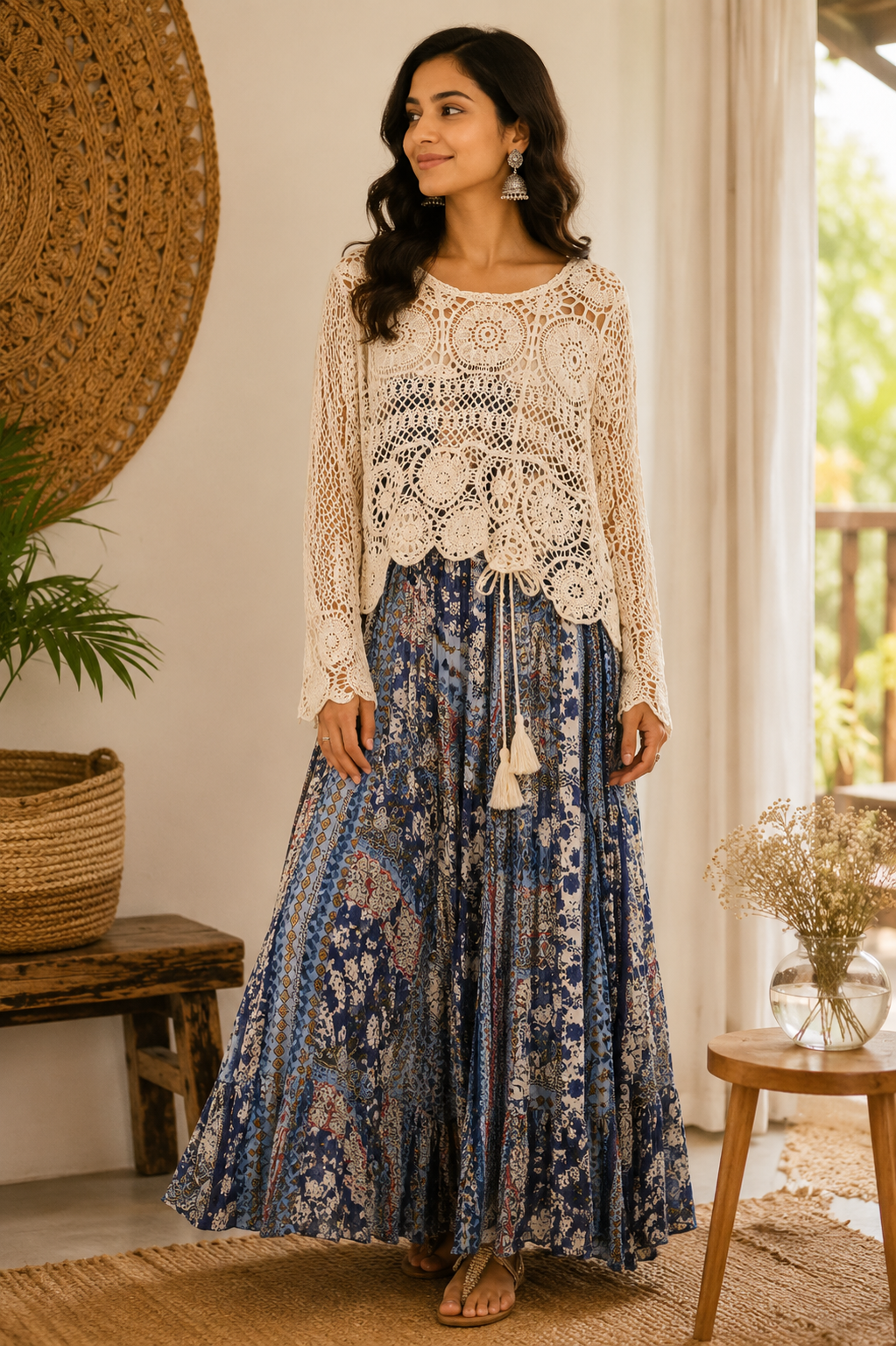 Blue  Floral One Piece With Crochet Top