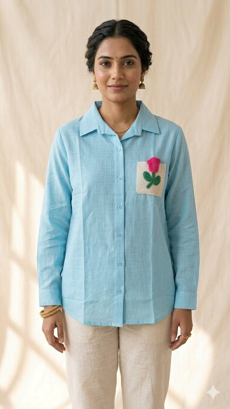 Blue Crochet Pocket Shirt