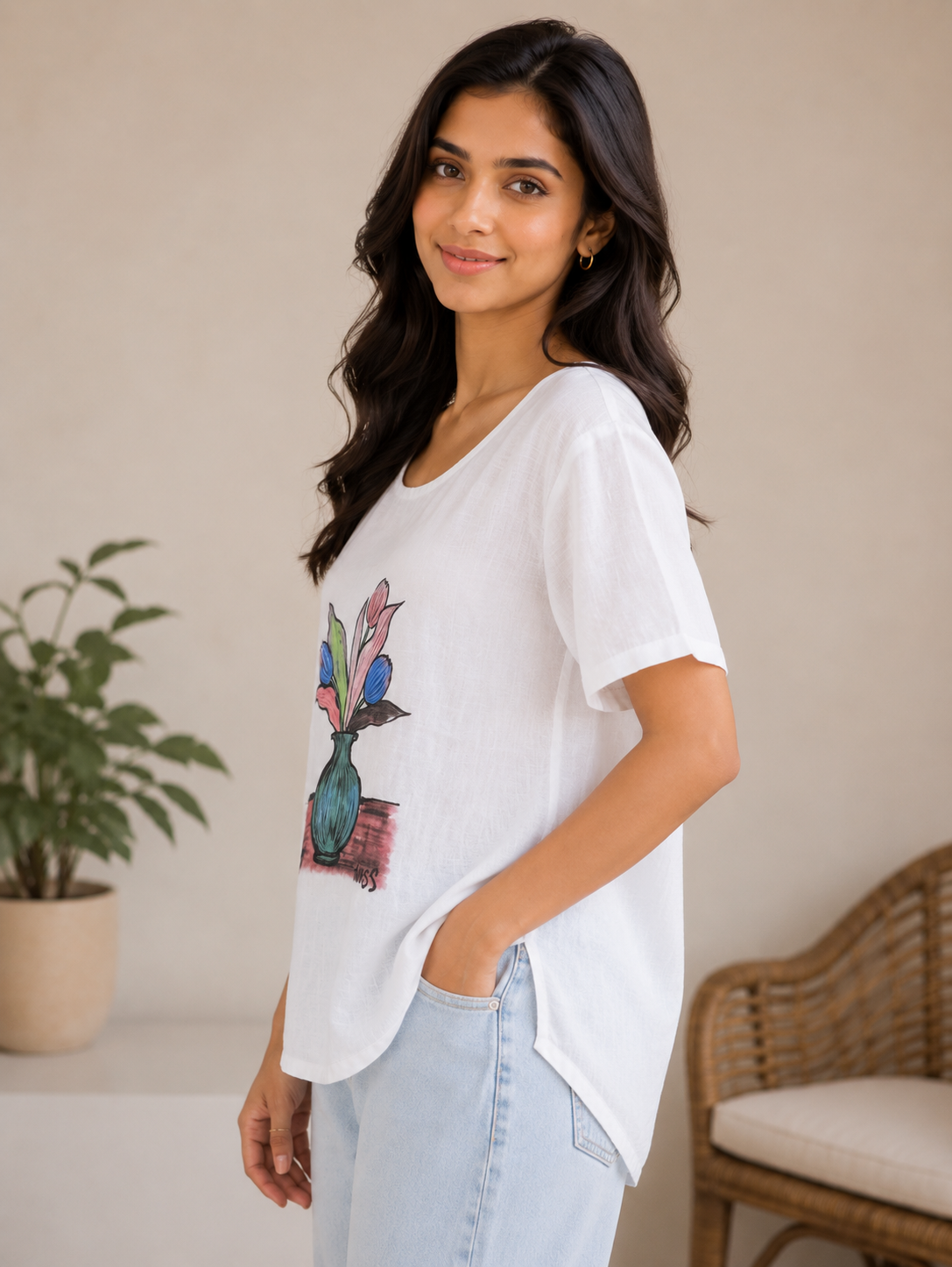 White Printed Round Neck Top