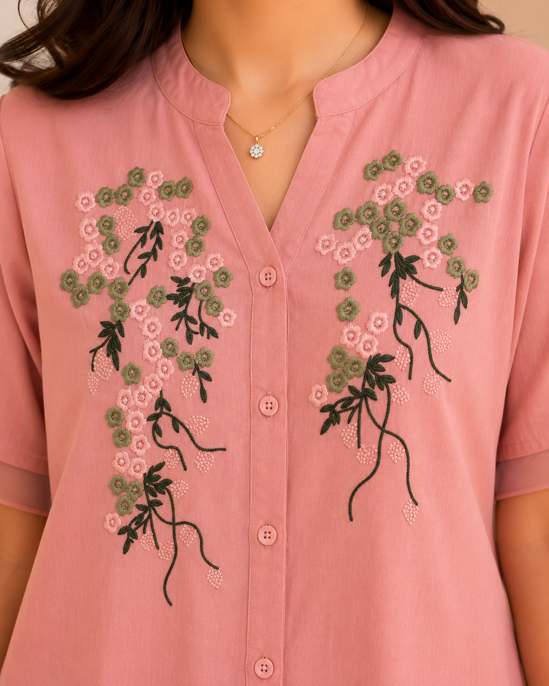 Dusty Pink Green Flower Embroidery Shirt