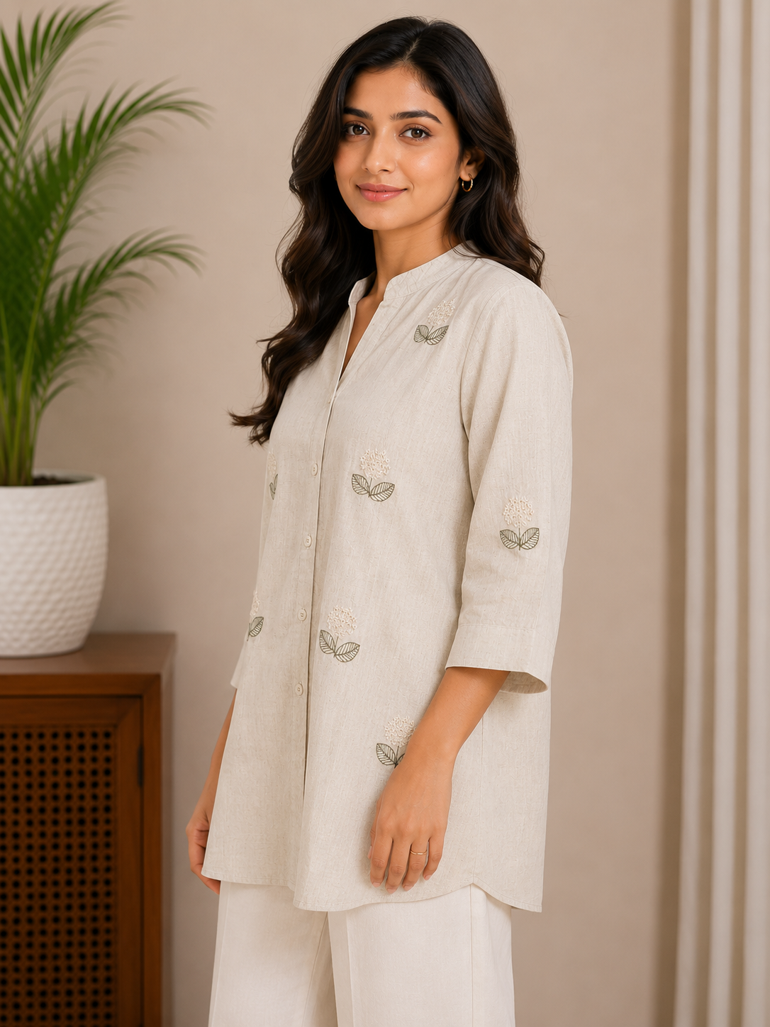 Beige Leaf Embroidery Shirt