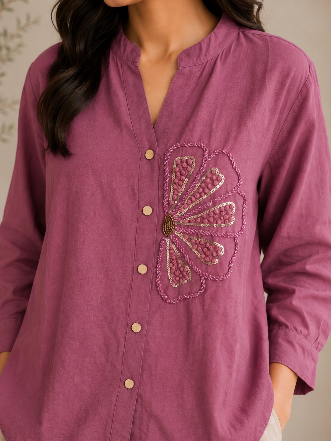 Magenta Pearl Work Embroidery Shirt