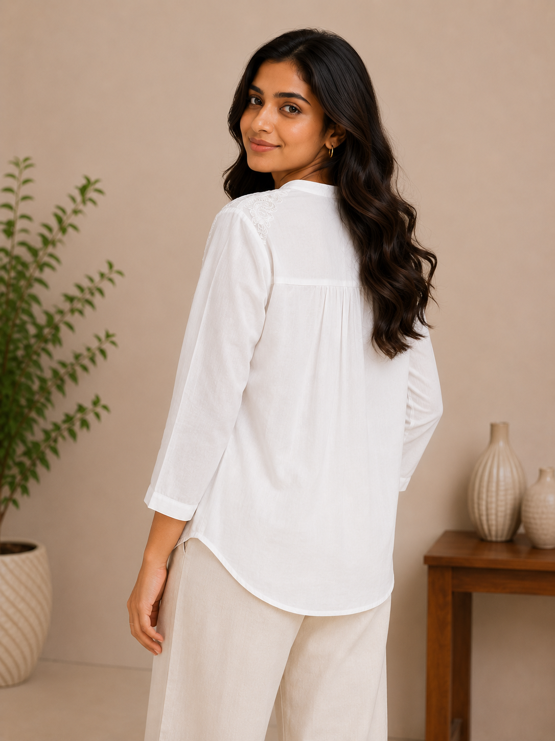 White V Neck Pearl Work Top