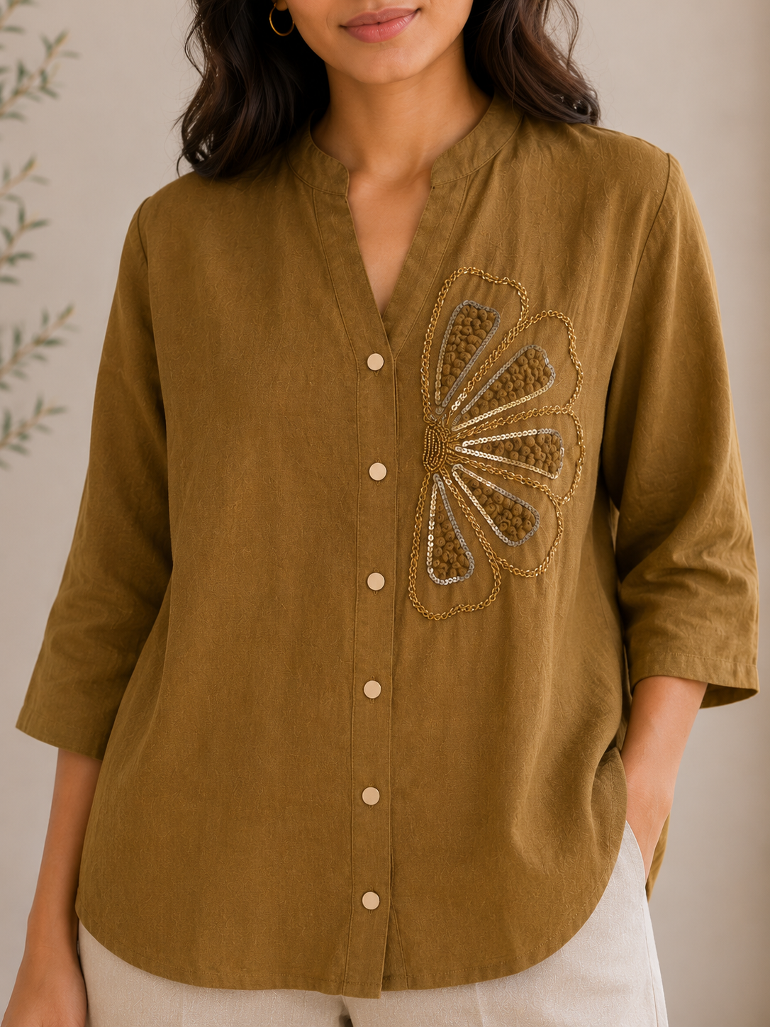 Green Pearl Work Embroidery Shirt