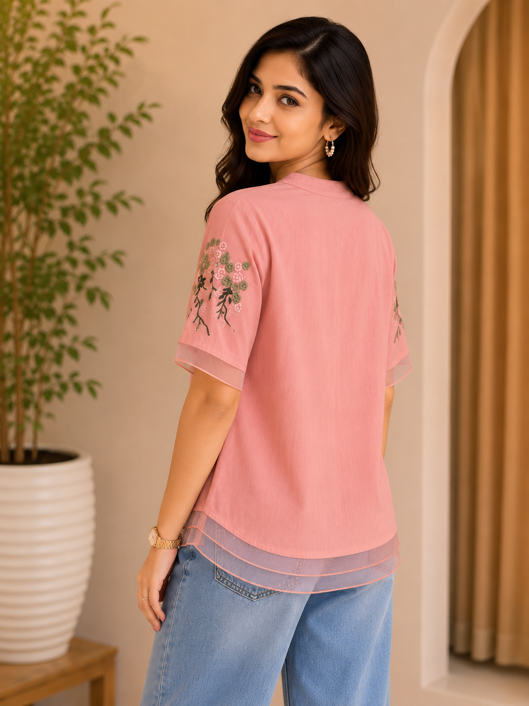 Dusty Pink Green Flower Embroidery Shirt