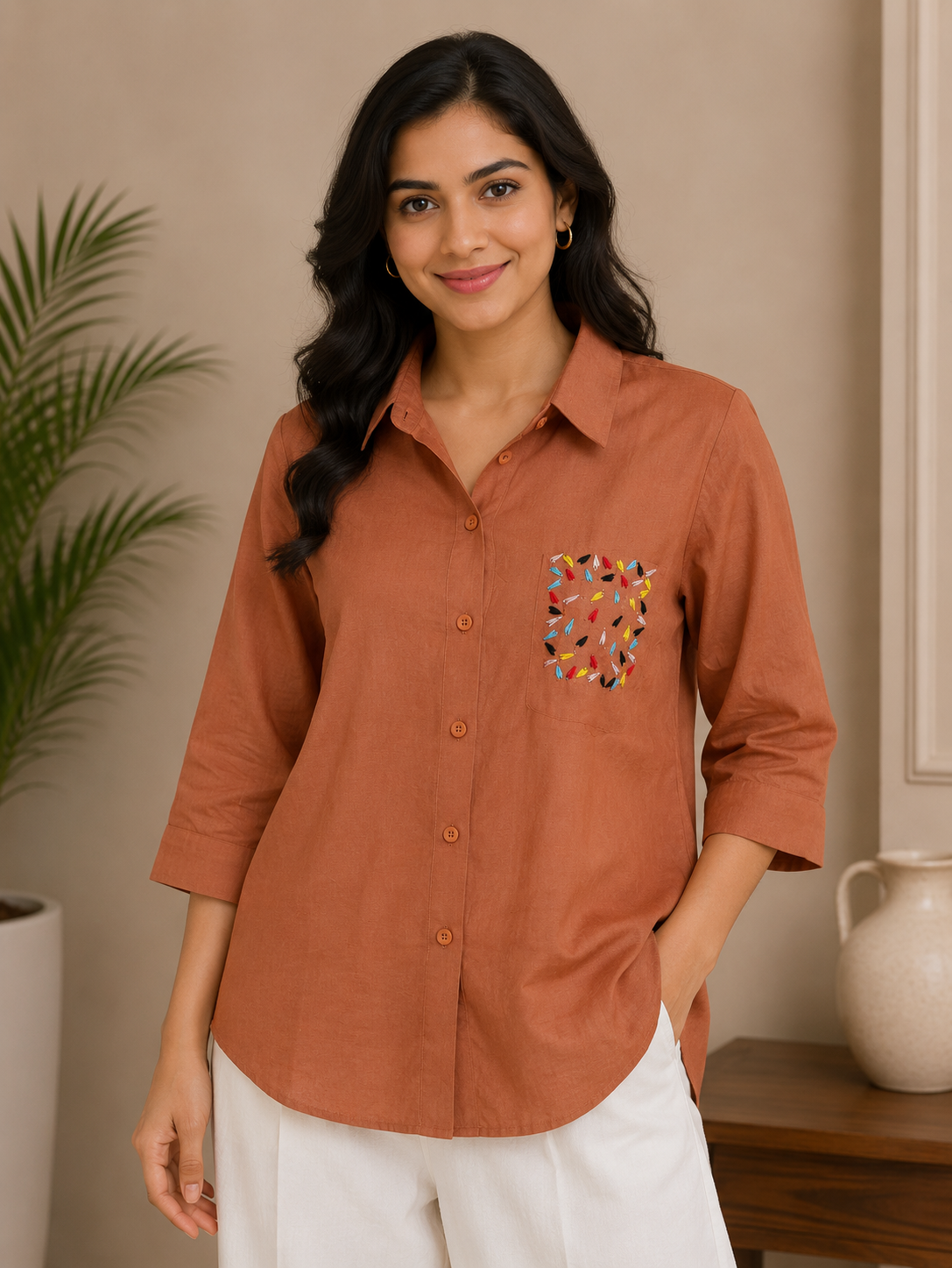 Rust Orange Heart Embroidery Shirt