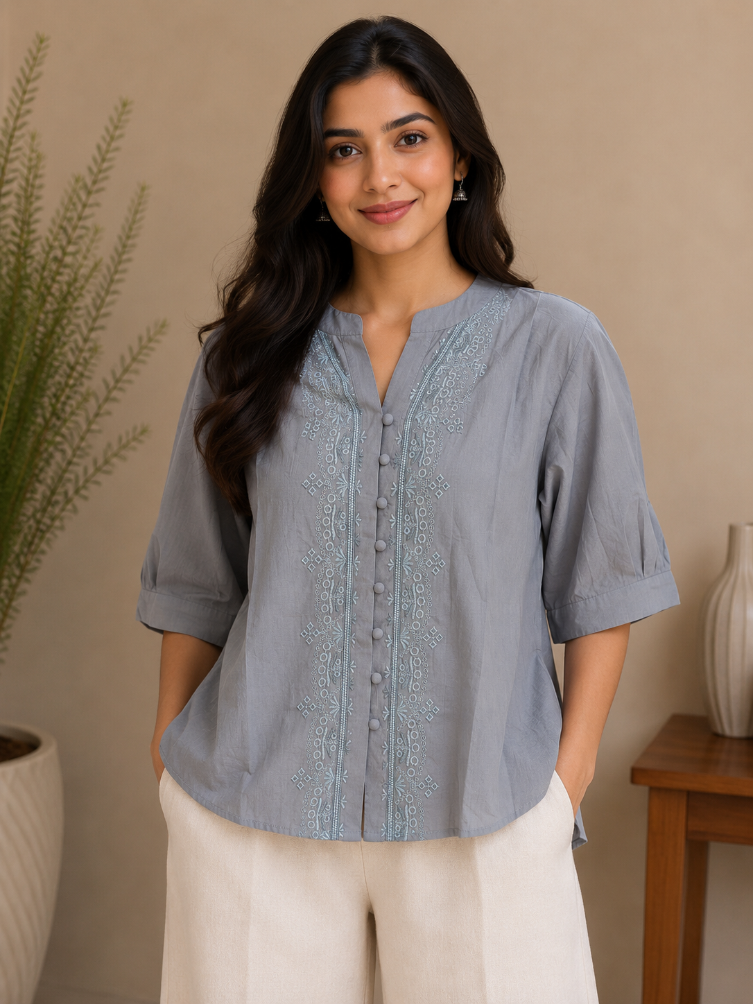Slate Blue Thread Work Embroidery Shirt