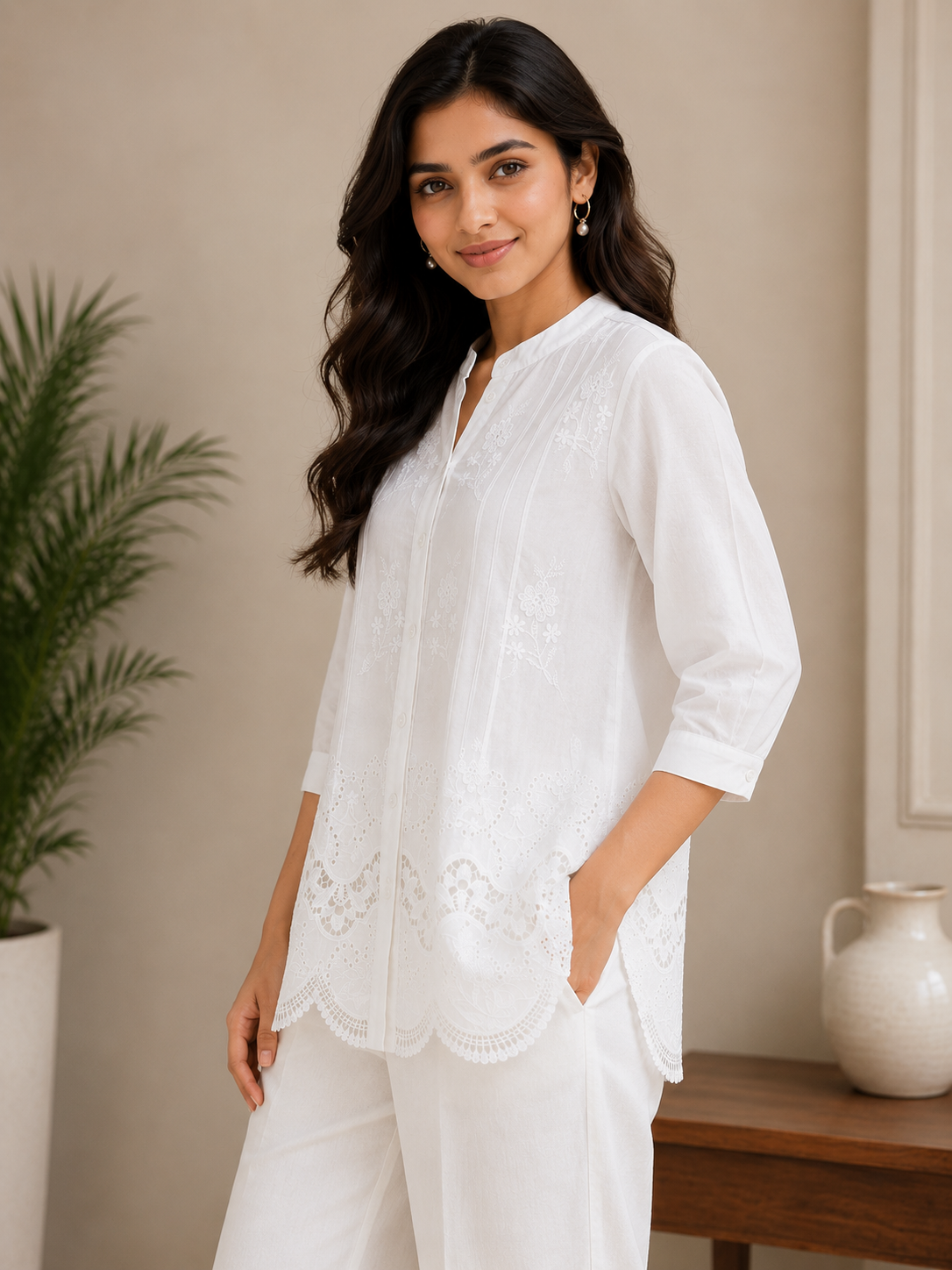 White Chinese Collar Shirt