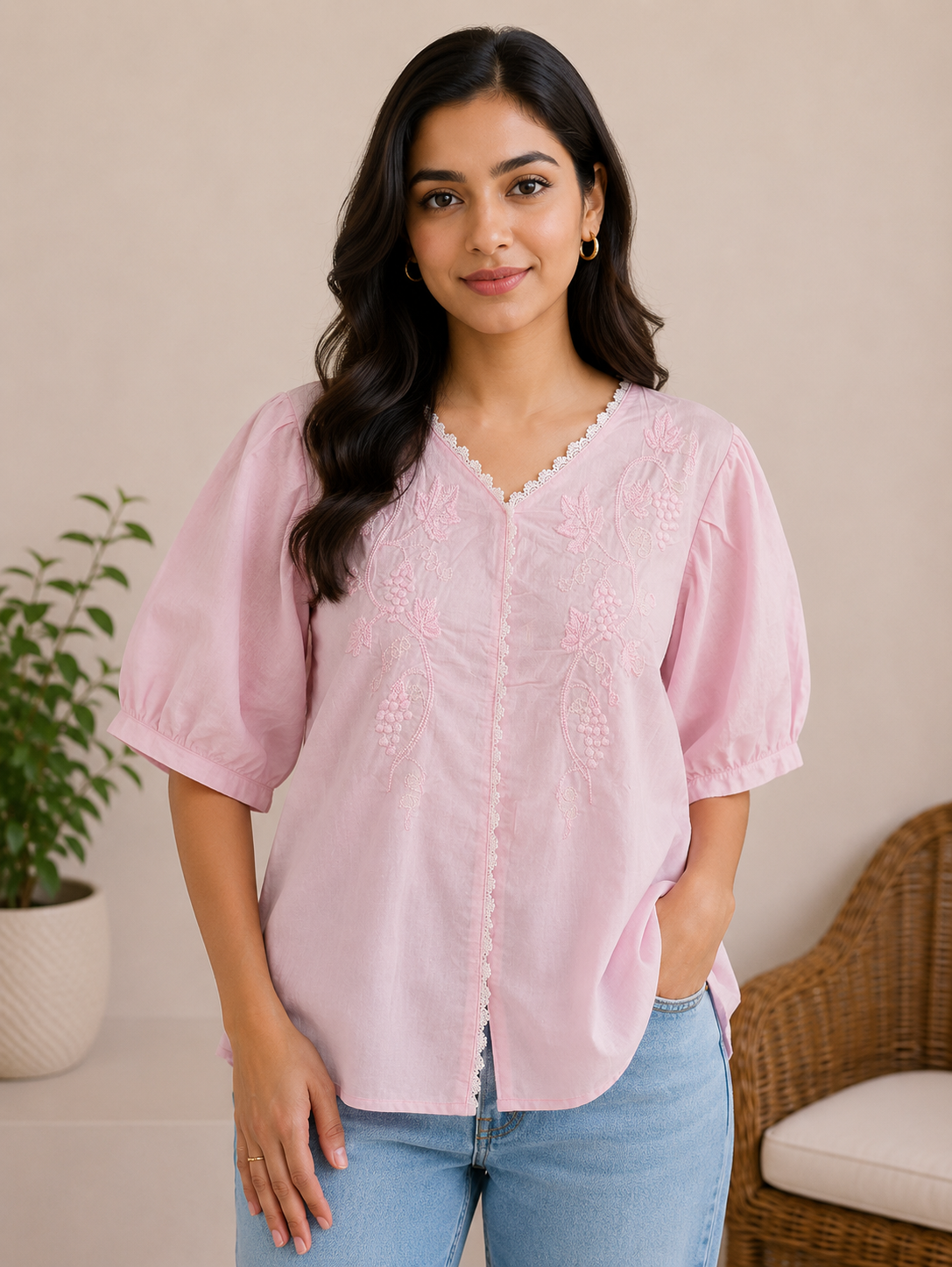 Blush Pink Flower Embroidery Top