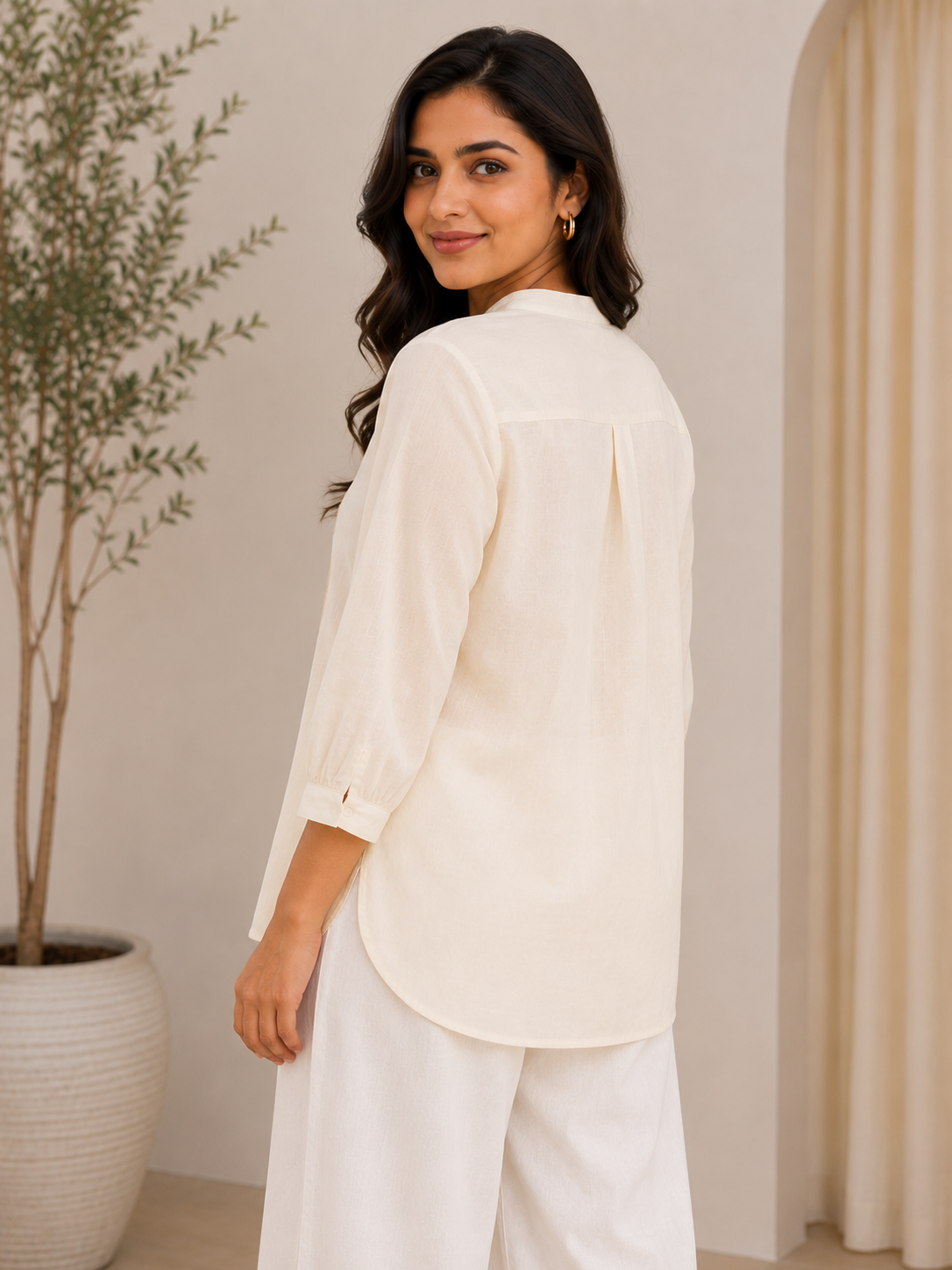 Cream Pearl Work Embroidery Shirt