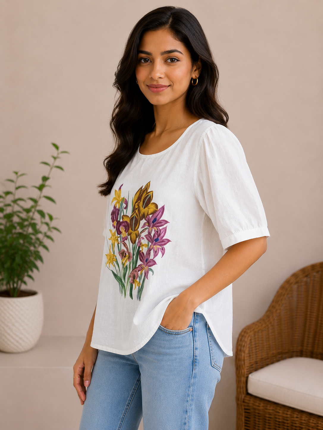 White Flower Print Top