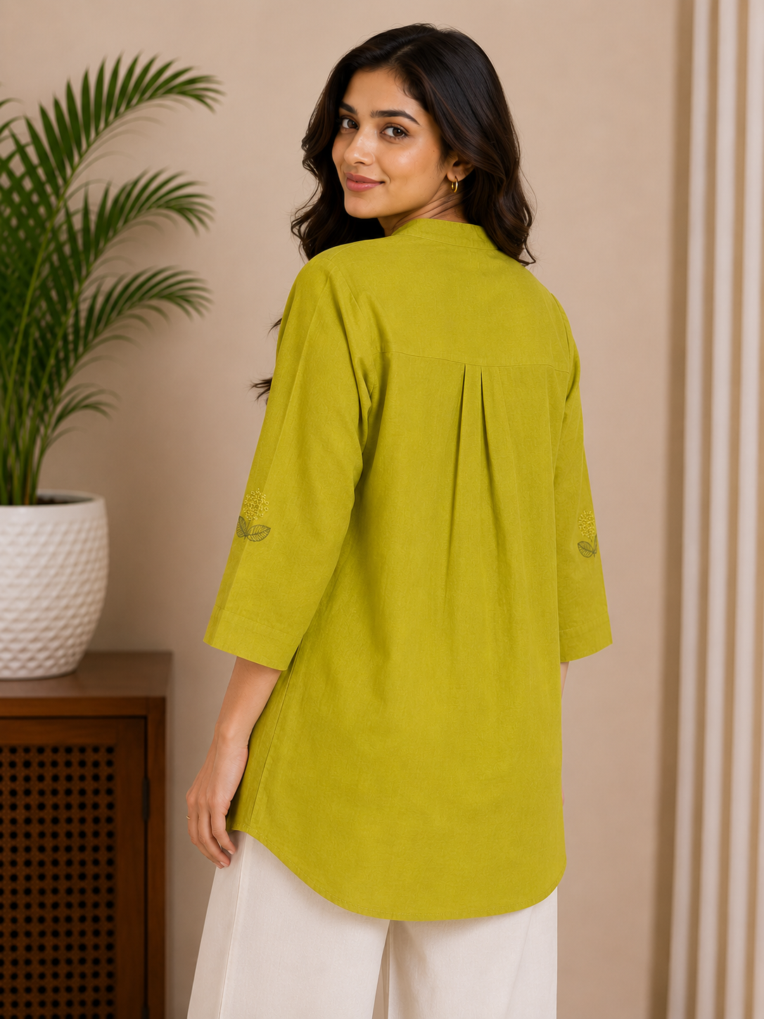 Mehendi Green Leaf Embroidery Shirt