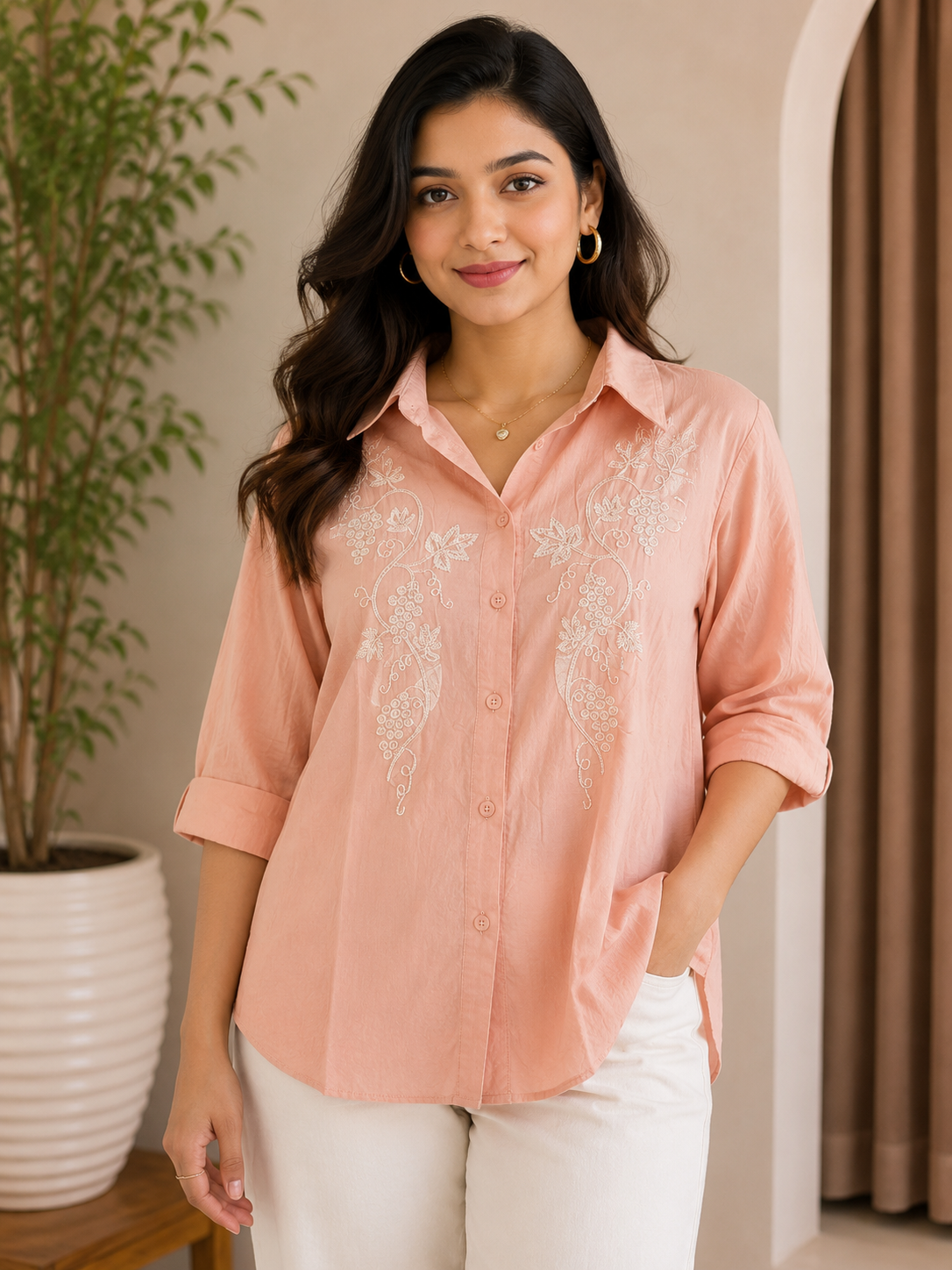 Peach Self Embroidery Shirt
