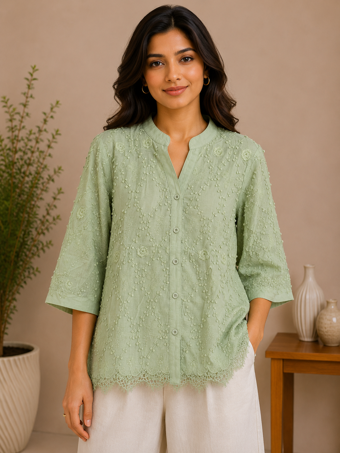 Dusty Green Allover Embroidery Shirt