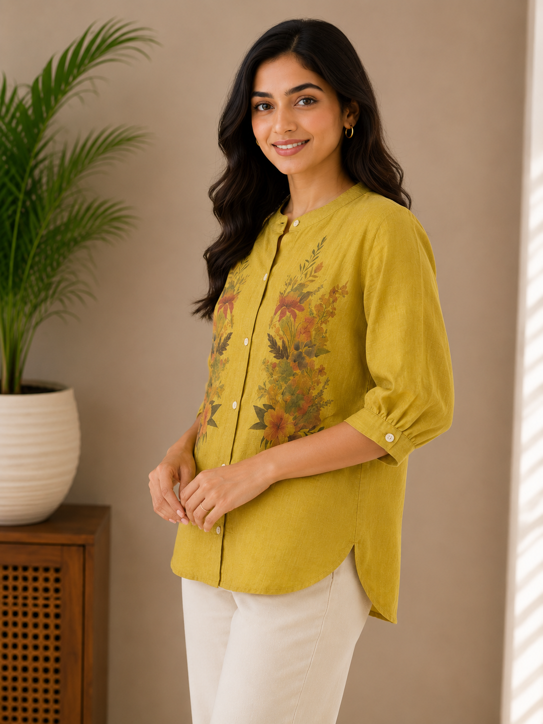 Dusty Yellow Printed Linen Shirt