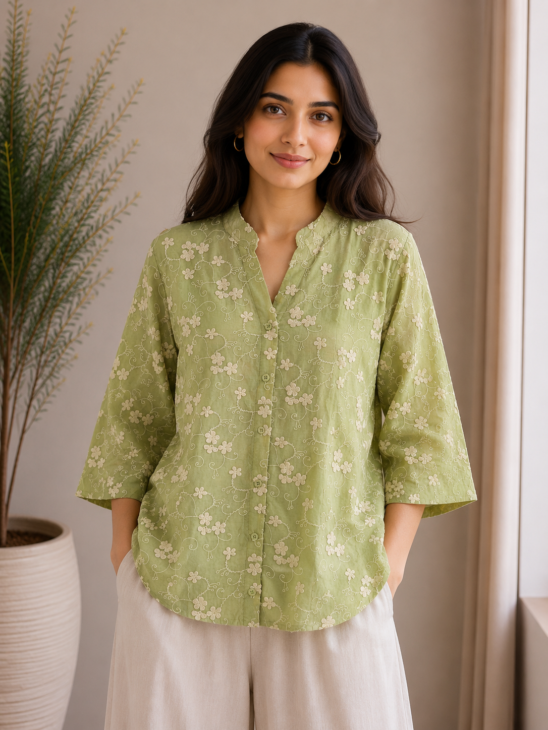 Pista Green Allover Embroidery Shirt