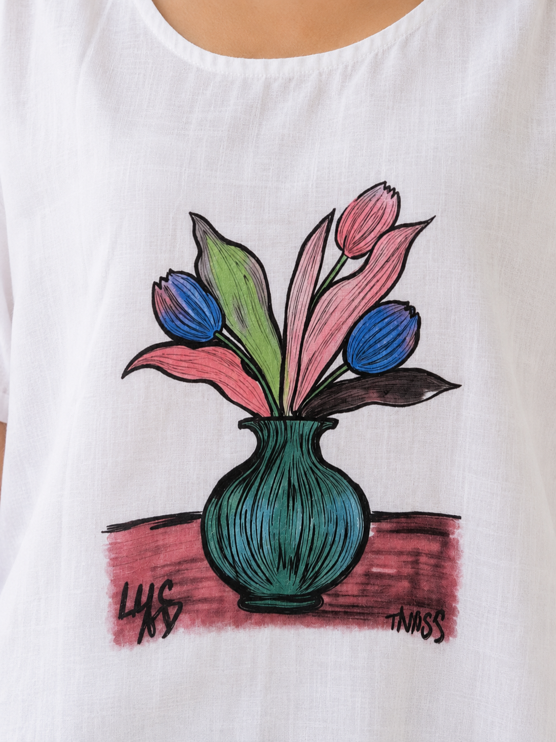 White Printed Round Neck Top