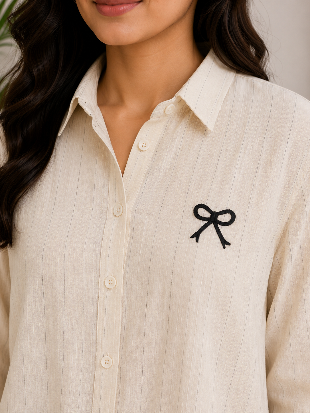 Beige Lining Bow Shirt