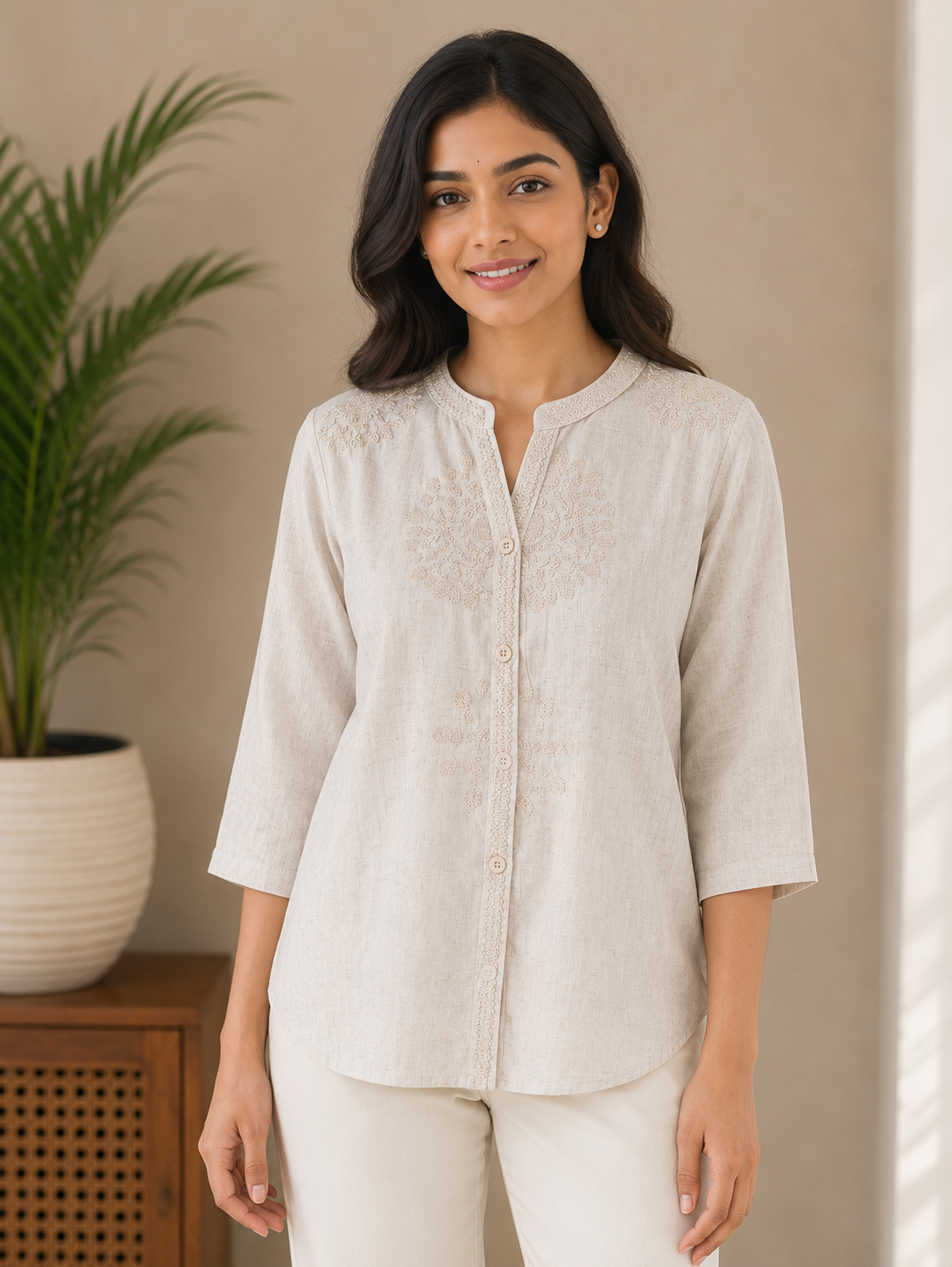 Beige Bloom Embroidery Shirt