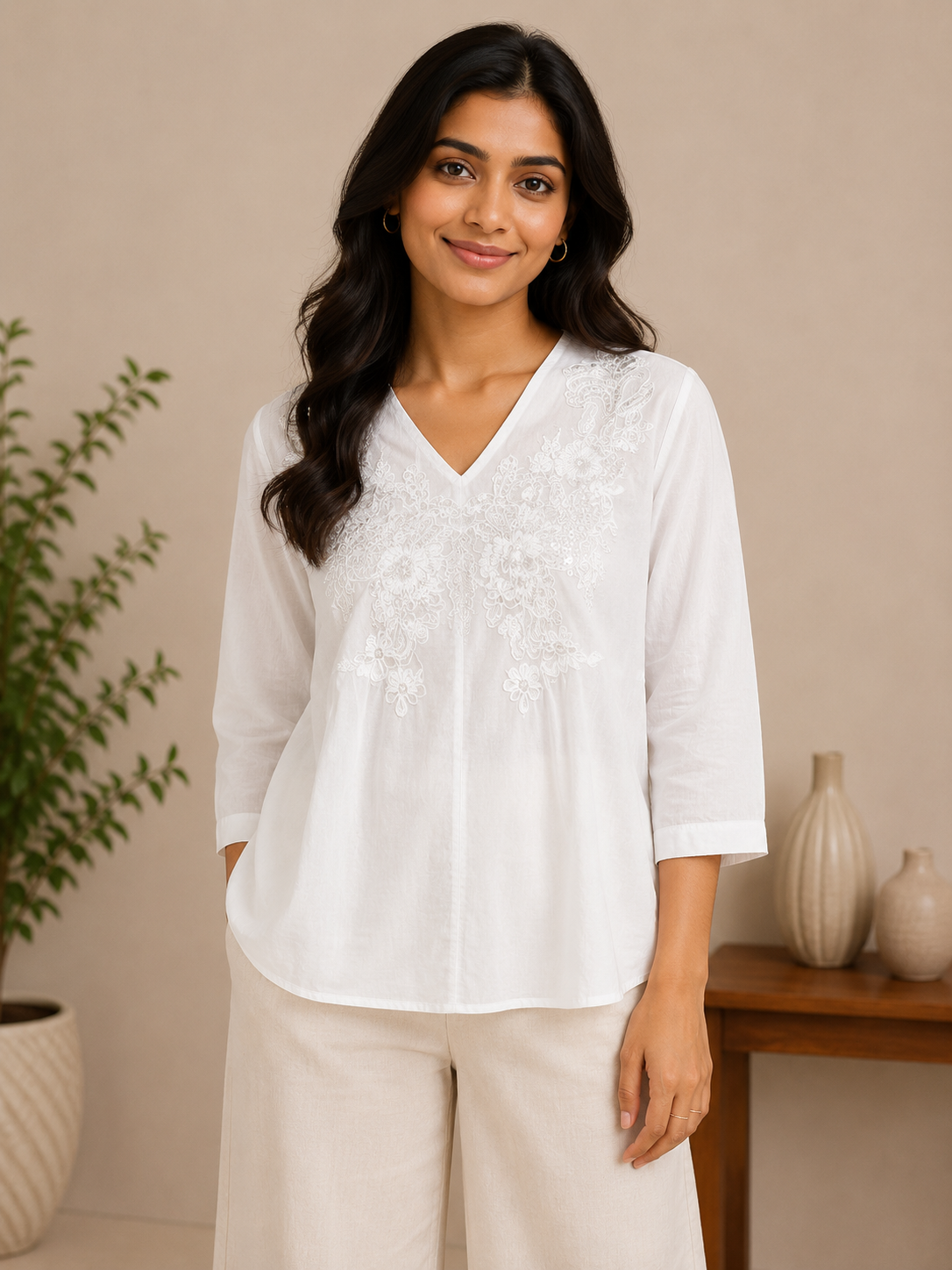 White V Neck Pearl Work Top