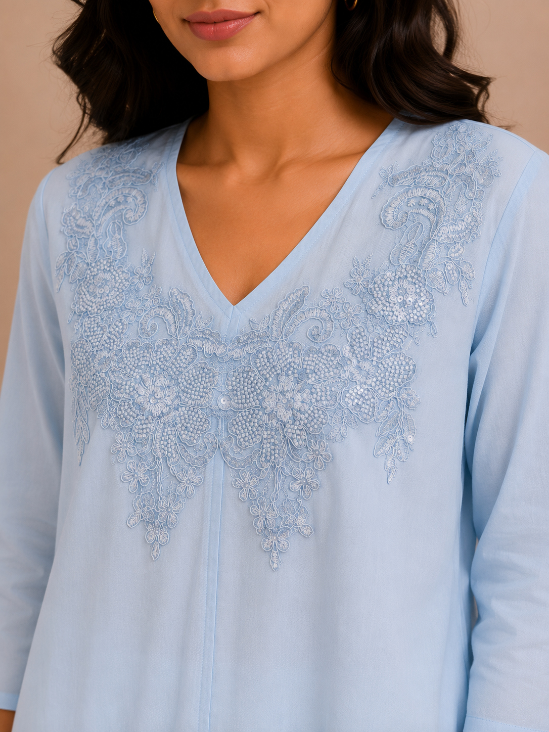 Skyblue V Neck Pearl Work Top
