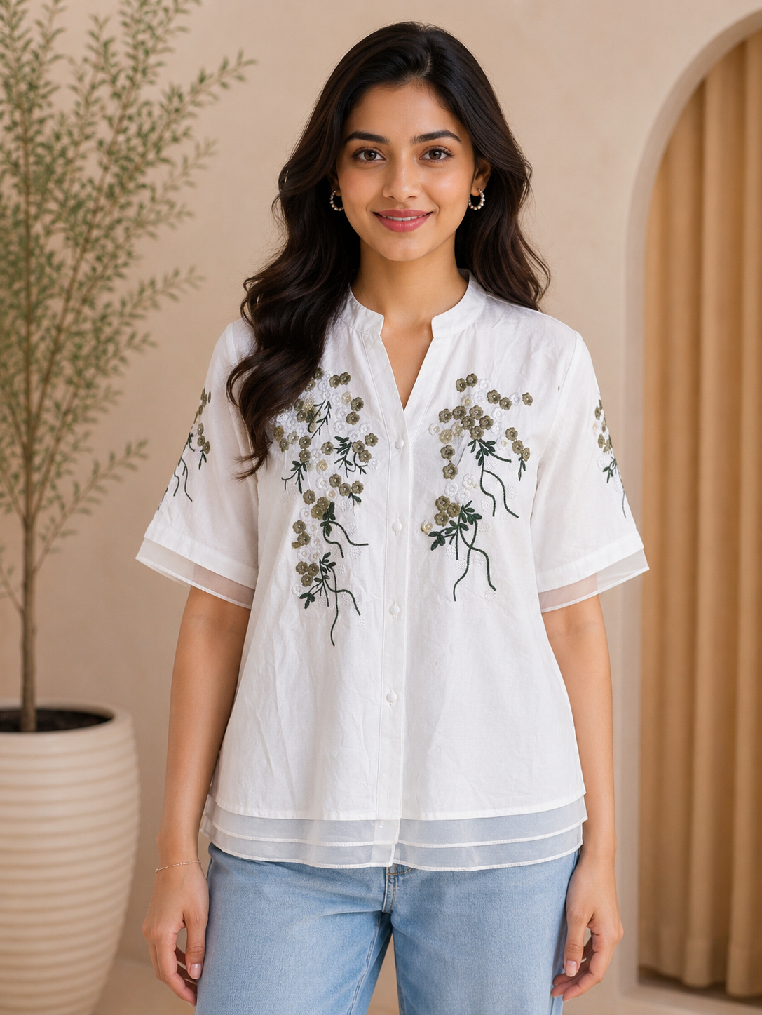 White Green Flower Embroidery Shirt