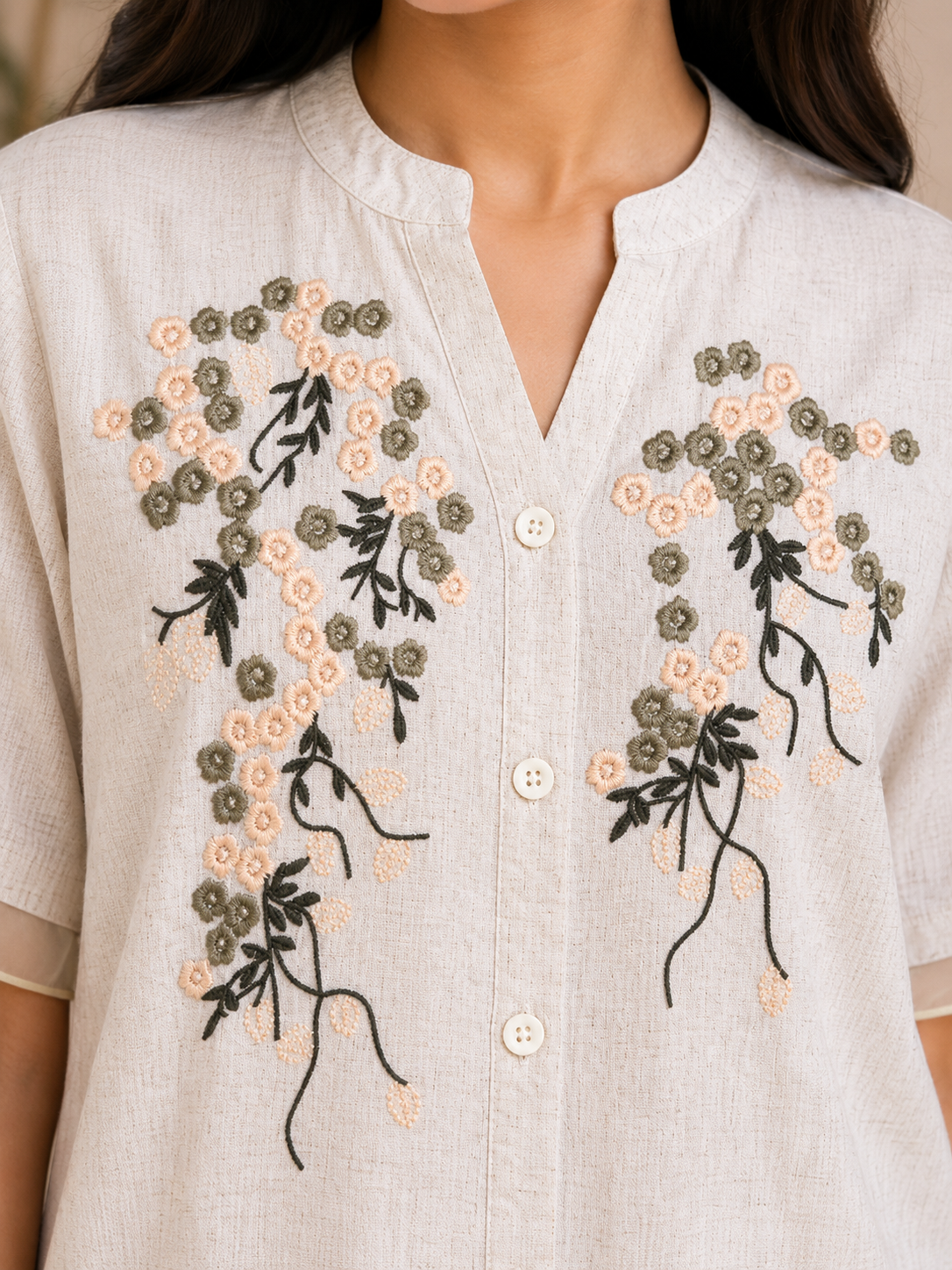 Beige Green Flower Embroidery Shirt