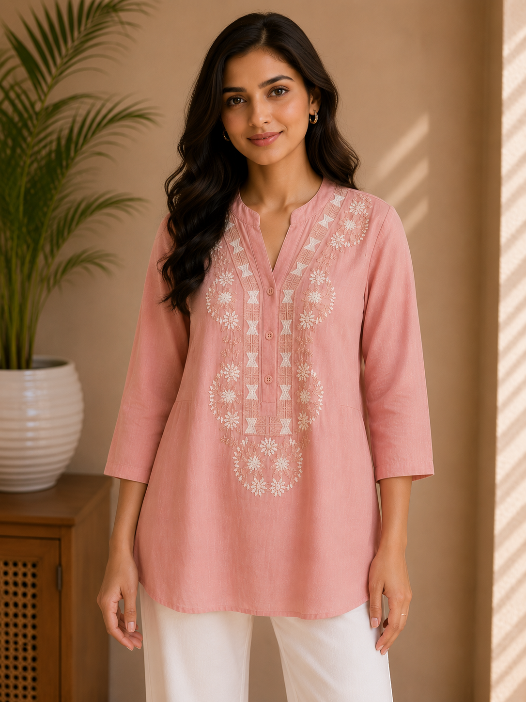 Dusty Peach Petal Self Embroidery Top