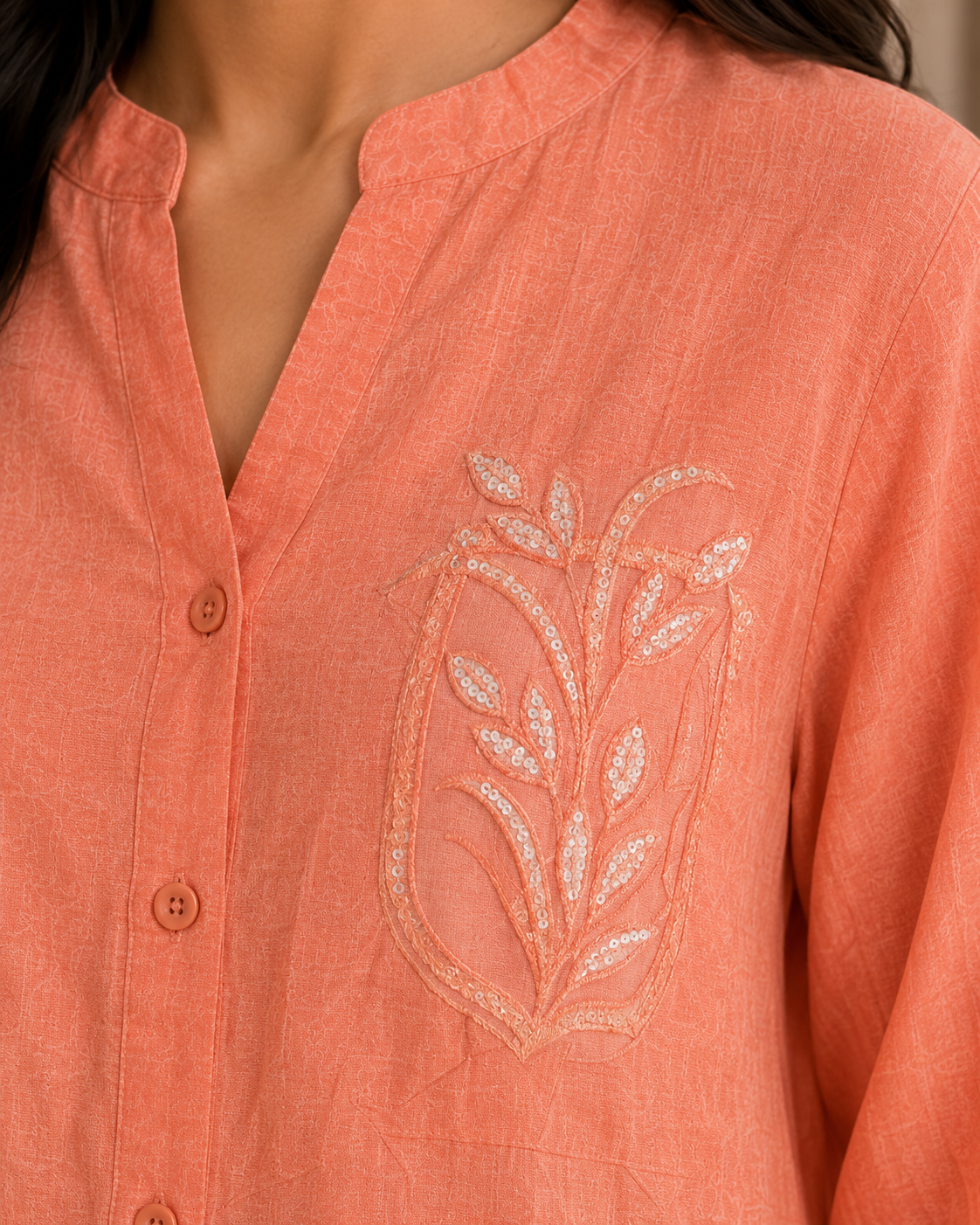 Orange Pearl Embroidery Shirt