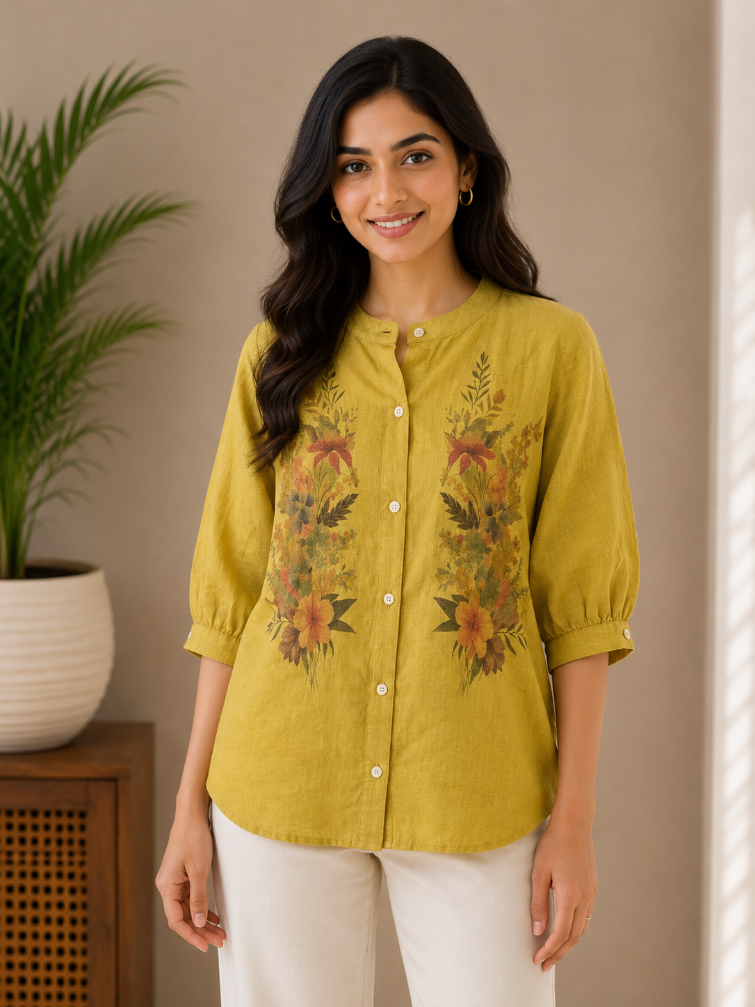 Dusty Yellow Printed Linen Shirt