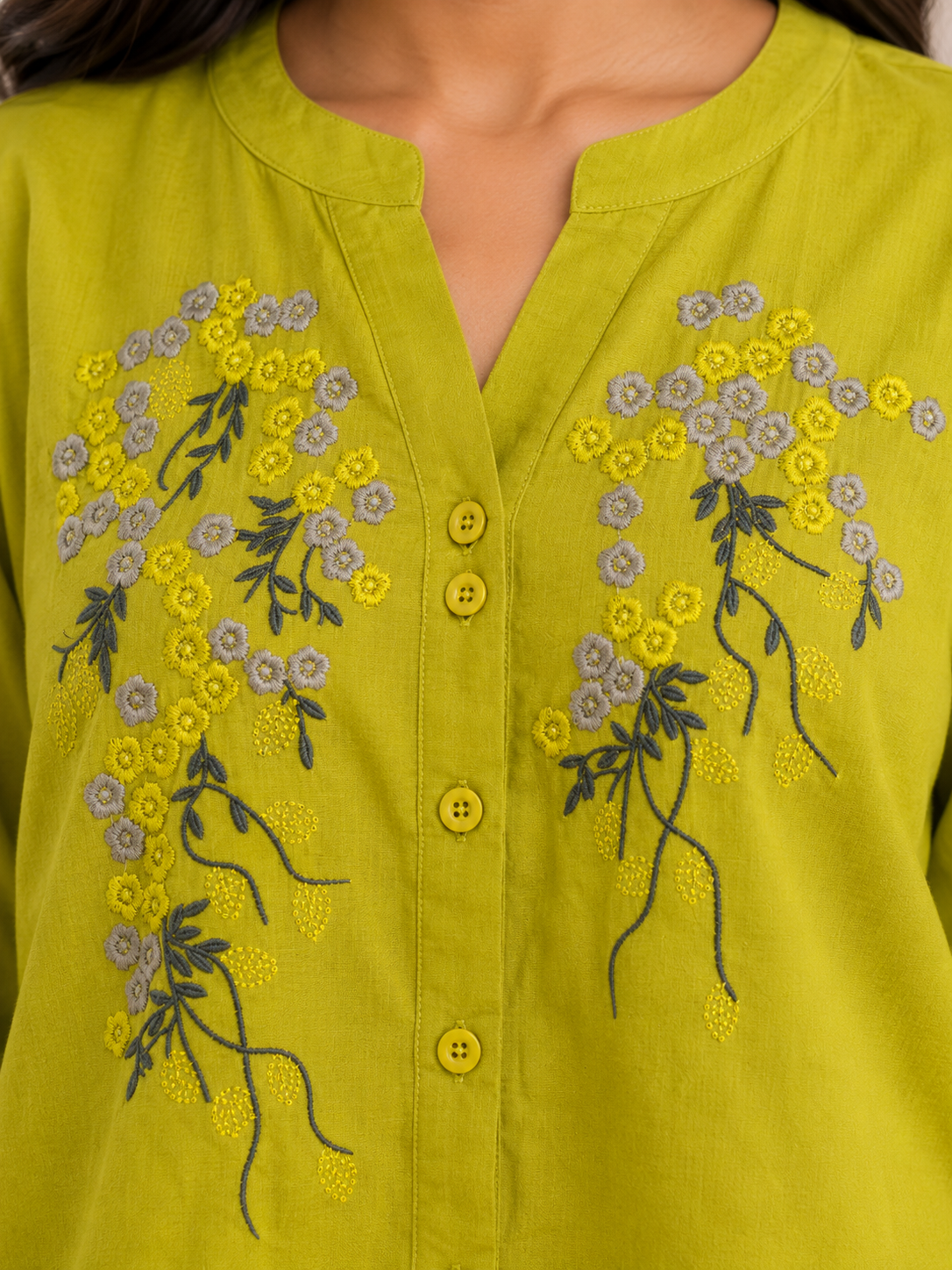 Mahendi Green Flower Embroidery Shirt