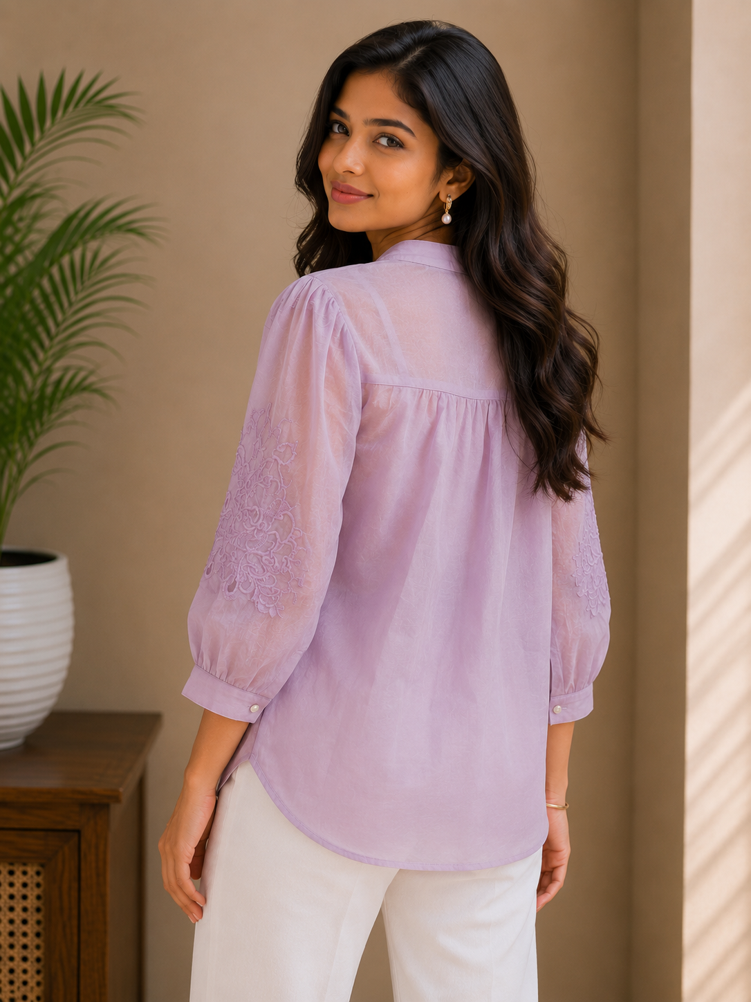 Mauve Cut Work Organza Shirt
