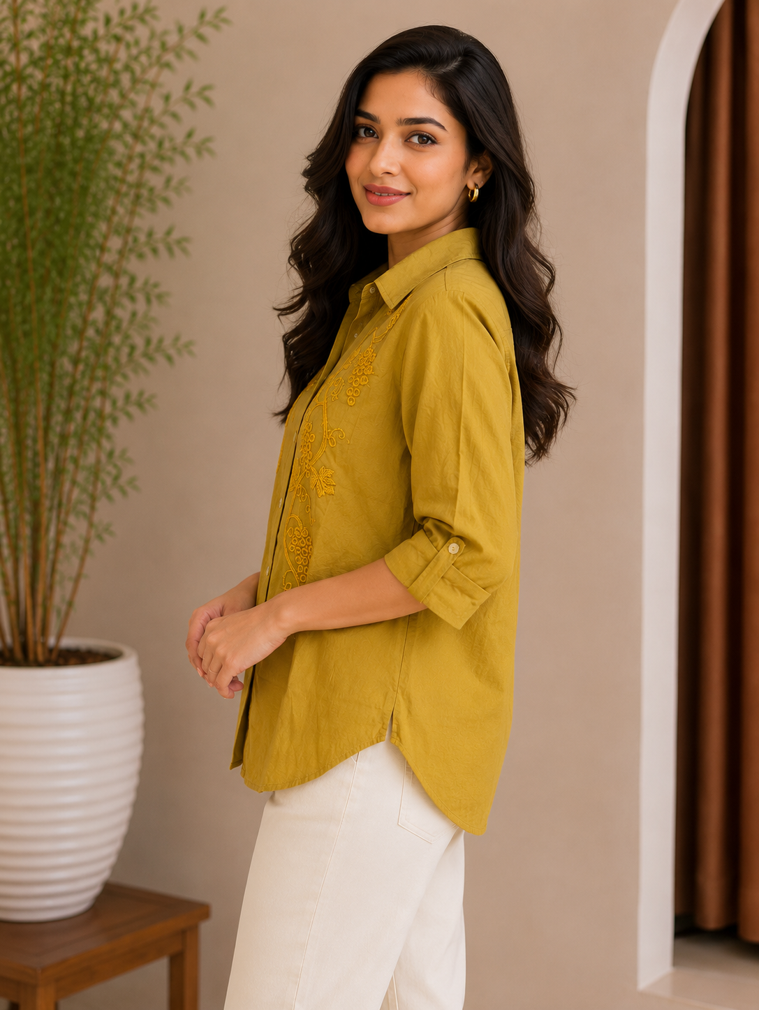 Mahendi Green Self Embroidery Shirt