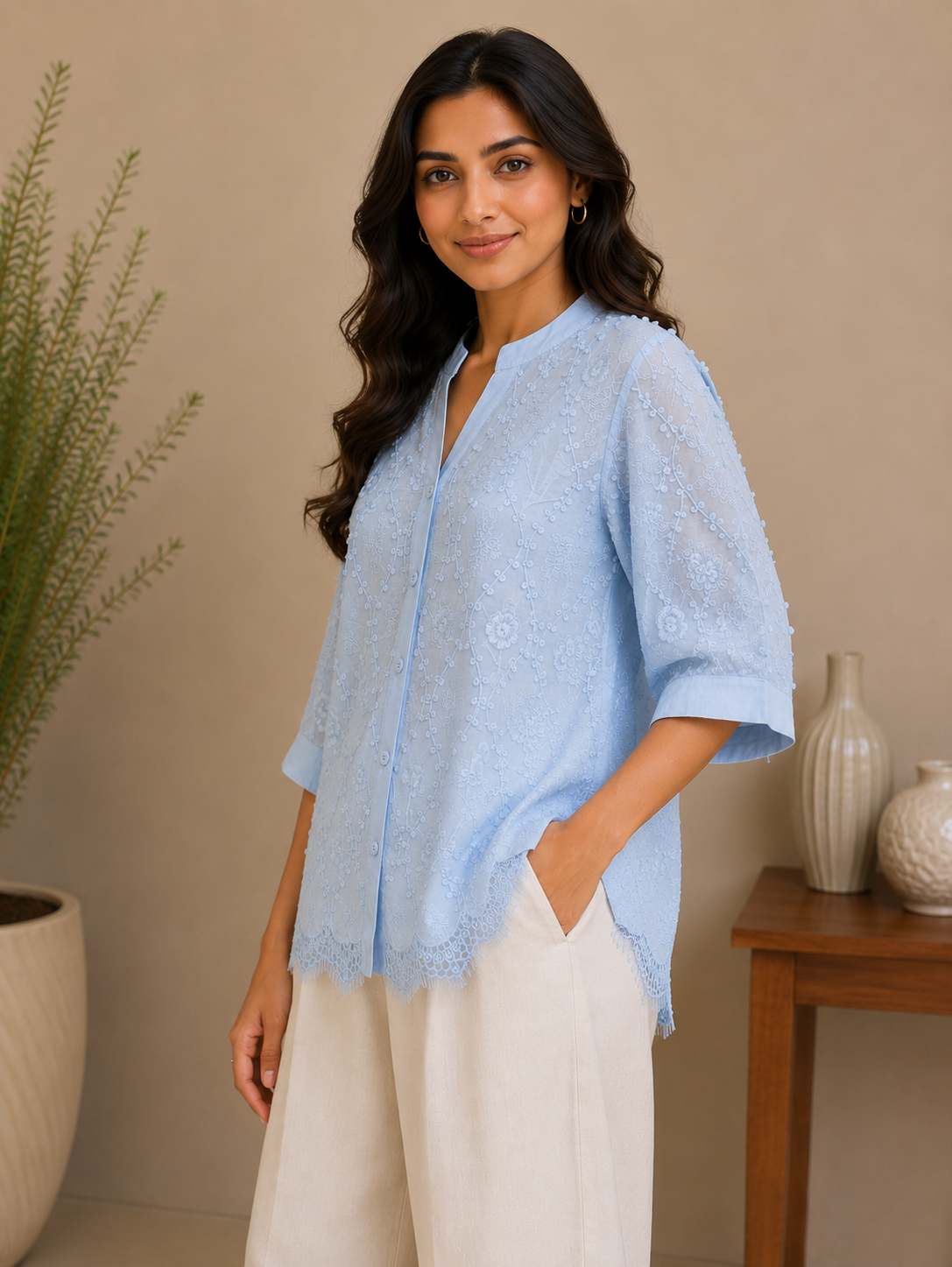 Sky Blue Allover Embroidery Shirt