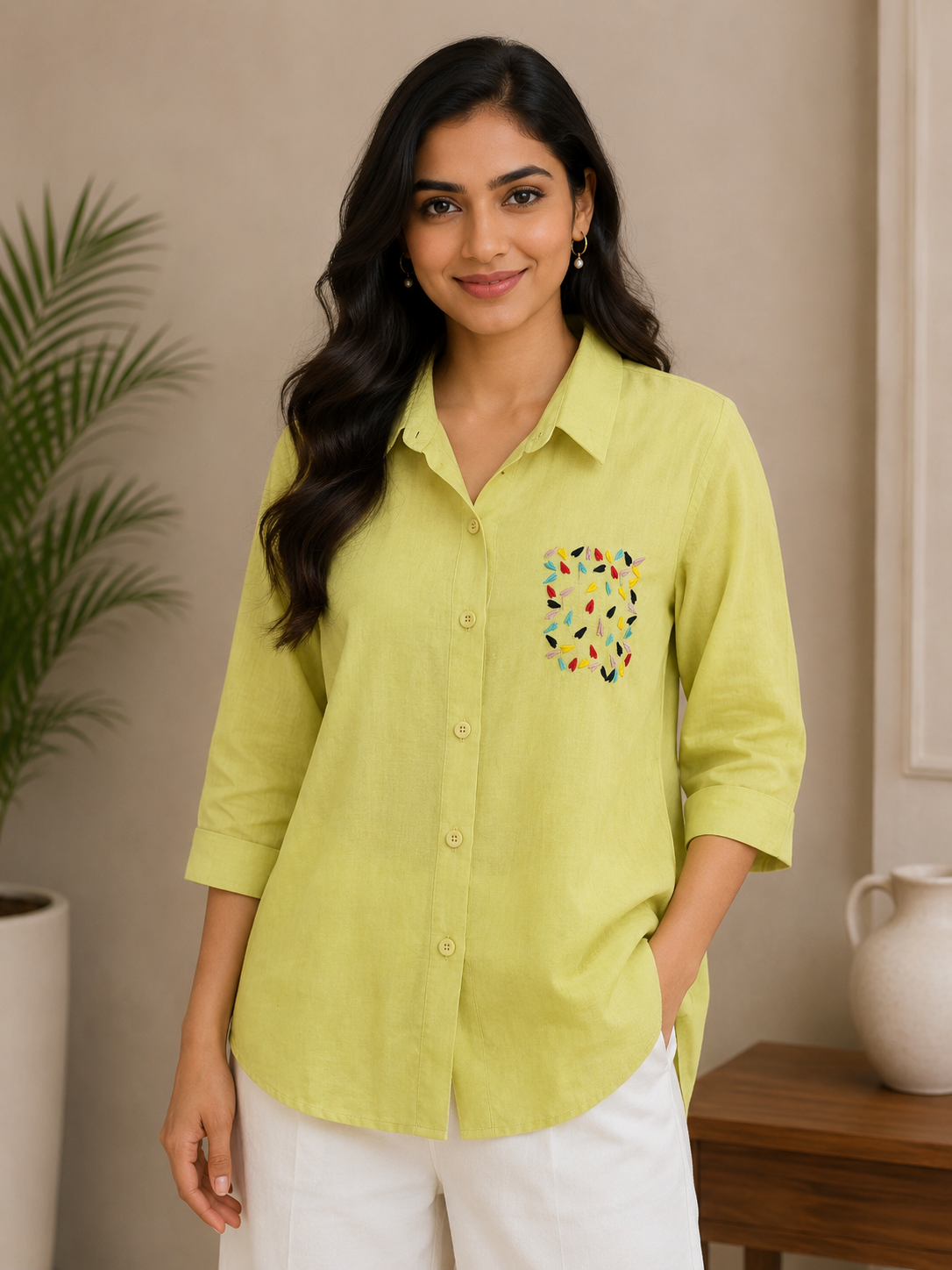 Pista Green Heart Embroidery Shirt